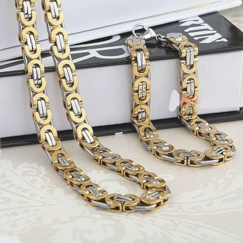 STAINLESS STEEL FLAT 2 TONE BYZANTINE CHAIN BRACELET